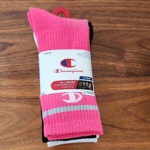 Champion Womens Athletic Crew Socks - Pink, Black, White (3 Pair). NWT